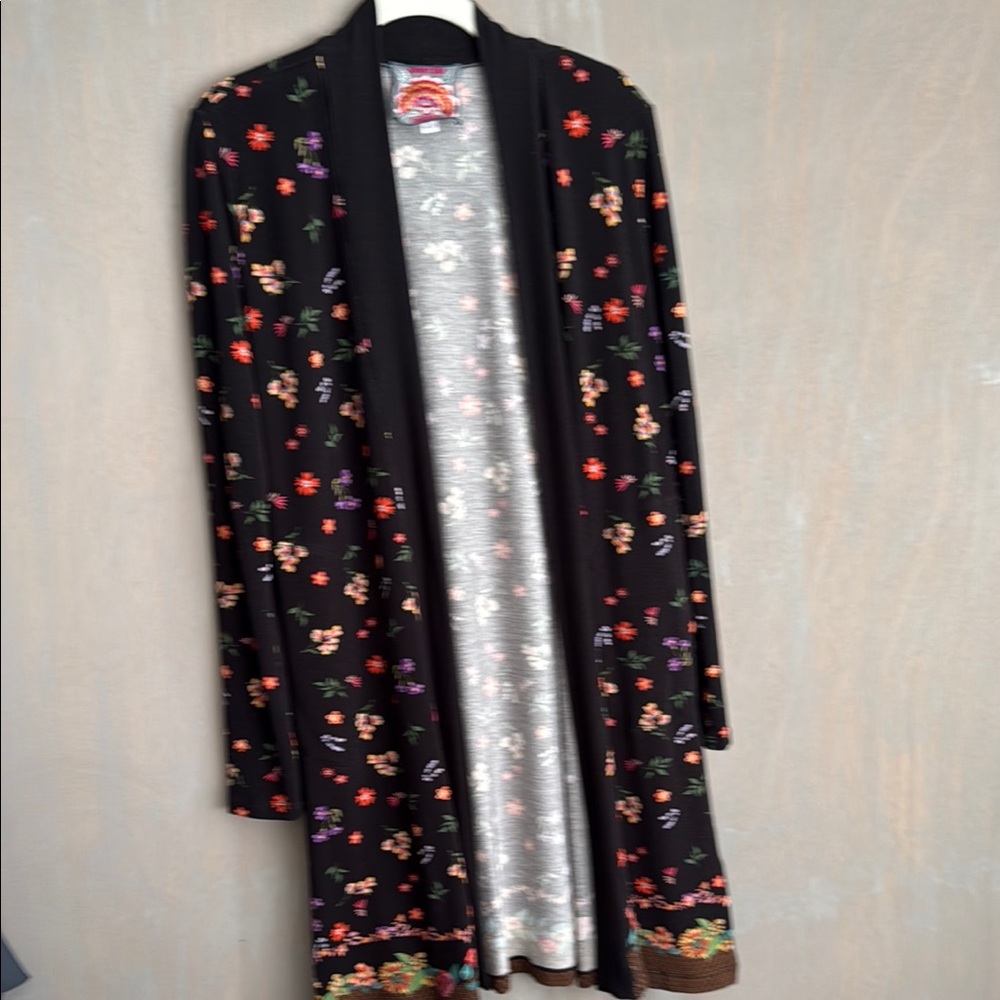 Johnny Was Black Cardigan with Floral Accents